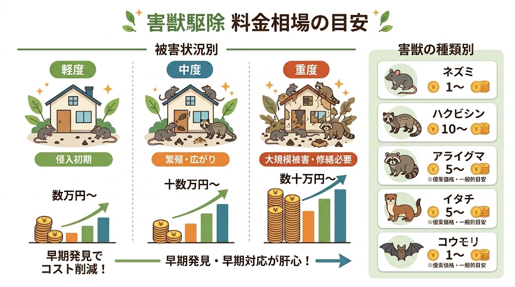 害獣駆除の料金相場｜被害状況・害獣の種類別の目安