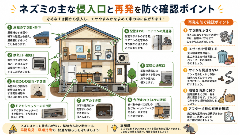 alt="屋根や換気口、配管、基礎、ドア下などネズミの主な侵入口と再発防止策を示した図"