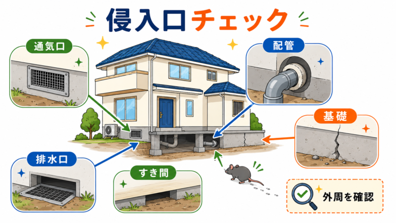 床下のネズミが侵入しやすい通気口、配管まわり、基礎のひび割れ、排水口、建物下の隙間を示した図