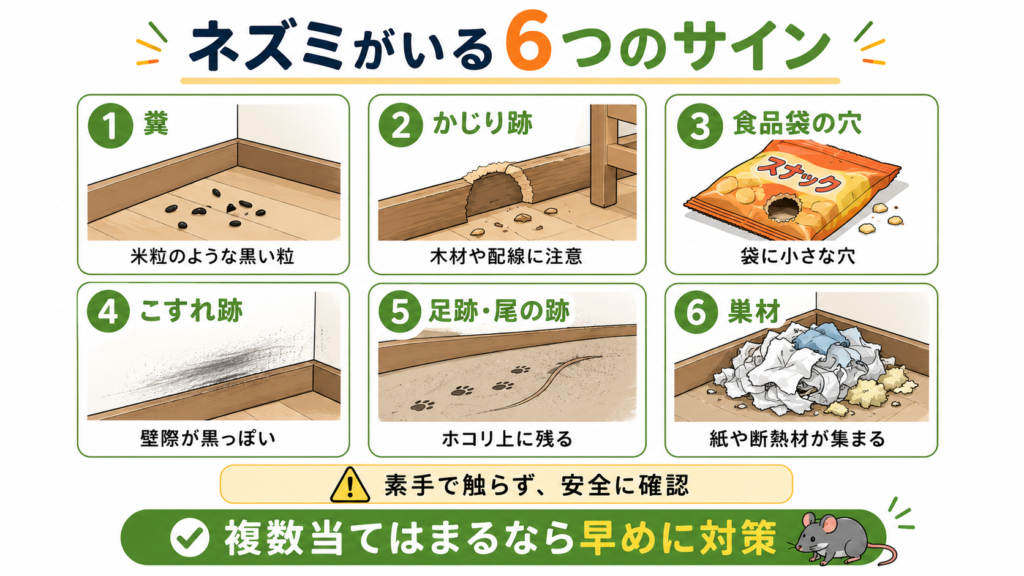 ネズミがいる6つのサイン。糞、かじり跡、食品袋の穴、壁際のこすれ跡、足跡や尾の跡、巣材を図解