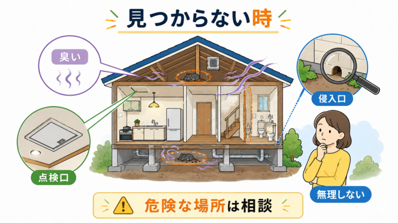 ネズミの死骸が見つからない場合に、天井裏や床下の臭い、点検口、侵入口を確認し無理な捜索を避ける方法を示した図
