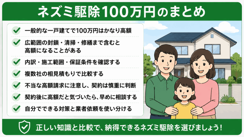 ネズミ駆除100万円の見積もりについて相場、内訳、施工範囲、保証条件、相見積もりの重要点をまとめた図