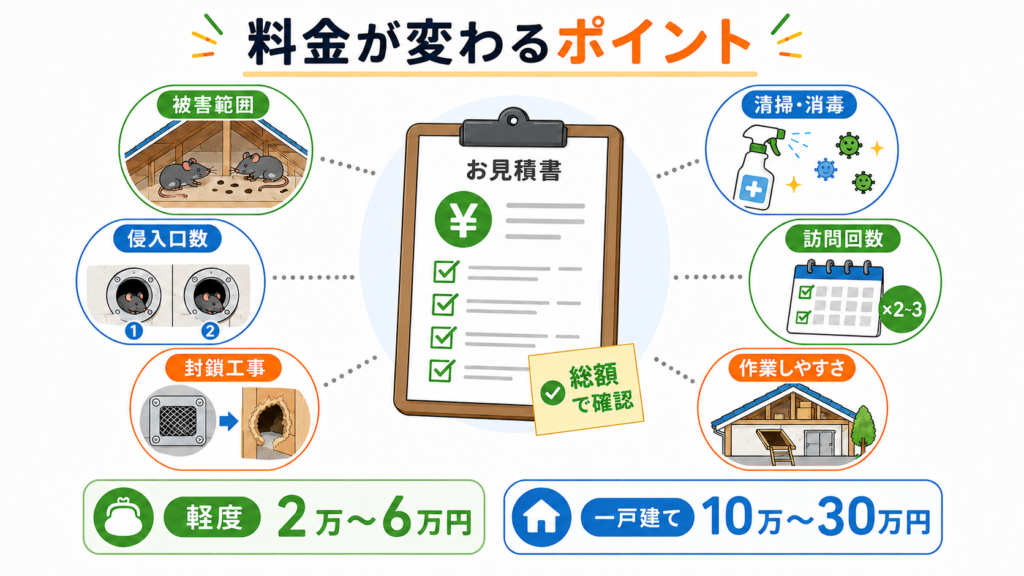 屋根裏のネズミ駆除料金が被害範囲や侵入口数、封鎖工事、清掃、訪問回数で変わることを示した図