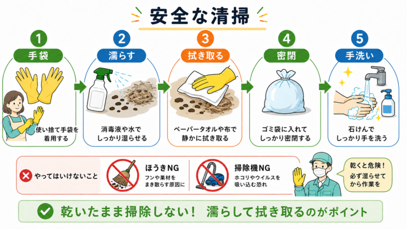 ネズミの糞や巣を手袋着用後に濡らして拭き取り、袋へ密閉して手洗いする安全な清掃手順を示した図