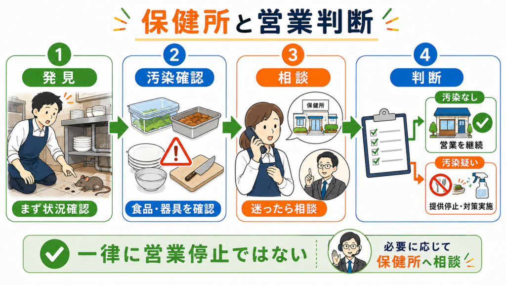 飲食店でネズミを発見した際に食品や器具の汚染を確認し、必要に応じて保健所へ相談して営業判断する流れ