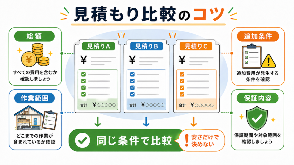ネズミ駆除業者3社の見積もりを総額、作業範囲、追加料金、保証内容で比較するポイントを示した図