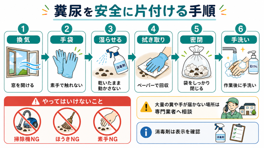 ネズミの糞尿を安全に片付ける手順。換気、手袋、消毒、拭き取り、密閉、手洗いと掃除機や素手での処理禁止を図解
