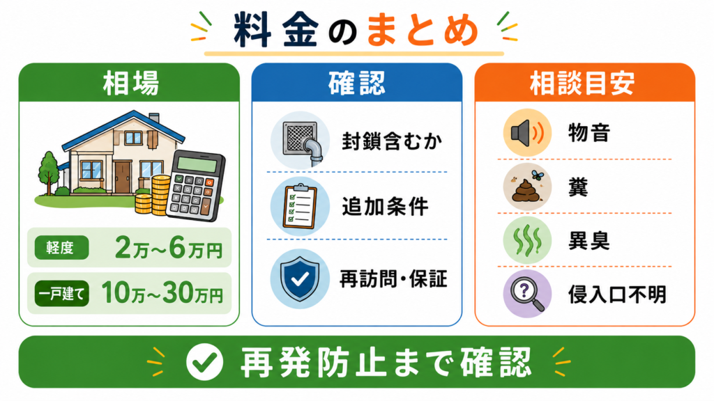 屋根裏のネズミ駆除料金の相場と見積もり確認項目、業者へ相談する目安をまとめた図