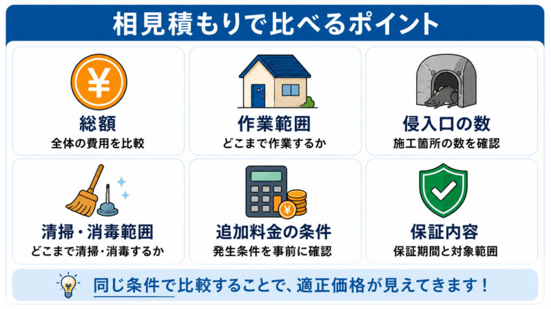 ネズミ駆除の相見積もりで総額、作業範囲、侵入口数、清掃範囲、追加料金、保証内容を比較する図