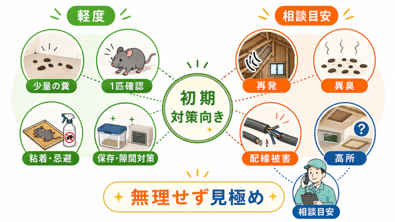 100均のネズミ対策が向く軽度被害と、業者相談の目安を比較した図解。少量の糞、1匹確認、粘着や忌避、保存や隙間対策が左に、再発、異臭、配線被害、高所作業など相談が必要なケースが右に整理されている。