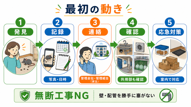マンションのネズミ駆除で最初に行う記録・管理会社への連絡・応急対策の流れ
