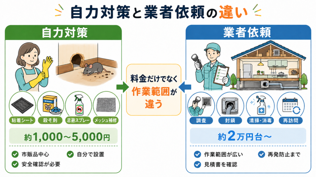 ネズミ駆除の自力対策と業者依頼の費用・作業範囲の違いを比較した図