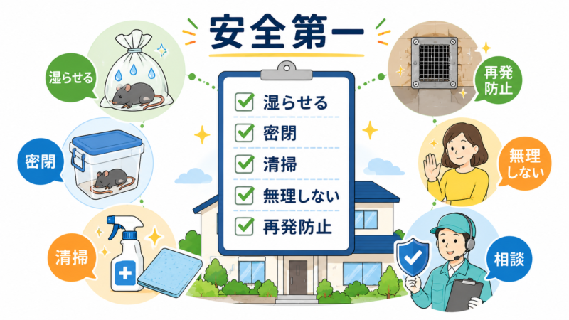 ネズミの死骸処理で重要な湿らせる、密閉、清掃、無理をしない、再発防止、業者相談をまとめたチェック図