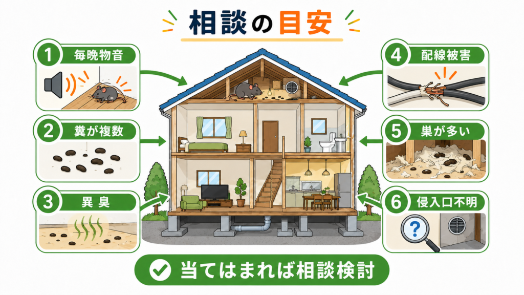 屋根裏のネズミ被害で毎晩の物音、複数の糞、異臭、配線被害、巣、侵入口不明など業者へ相談する目安を示した図