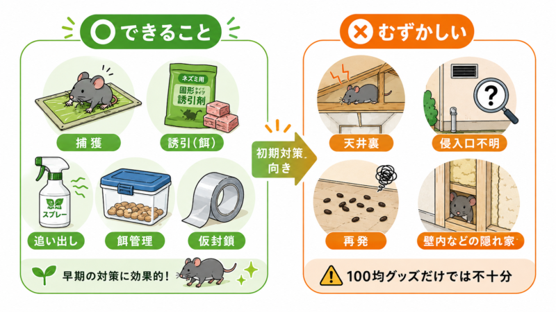 100均グッズでできるネズミ駆除と難しいケースを比較した図解。捕獲、誘引剤、追い出し、餌管理、仮封鎖などの初期対策と、天井裏、侵入口不明、再発、壁内の隠れ家など自力では難しい状況を分かりやすく示している。