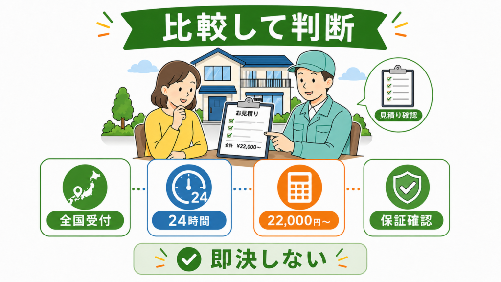害獣駆除110番を選ぶ際に全国受付・24時間受付・最低料金22,000円～・保証条件を比較する図解