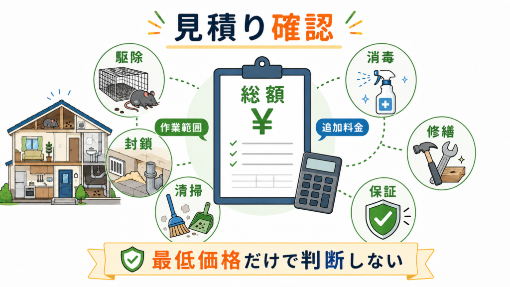 害獣セーフガードの見積もりで、駆除・封鎖・清掃・消毒・修繕・保証など総額に関わる項目を確認するポイントを示した図 