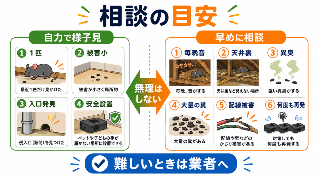 ネズミ駆除を自力で続けられるケースと、毎晩の物音や大量の糞、配線被害など業者へ相談する目安を比較した図