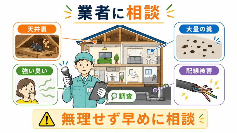 天井裏、大量の糞、強い臭い、配線被害など、ネズミの死骸処理を専門業者へ相談したほうがよい状態を示した図
