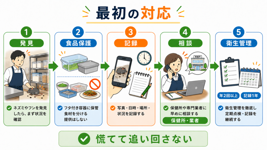飲食店でネズミを発見した際の食品保護・記録・保健所や業者への相談・衛生管理の流れ