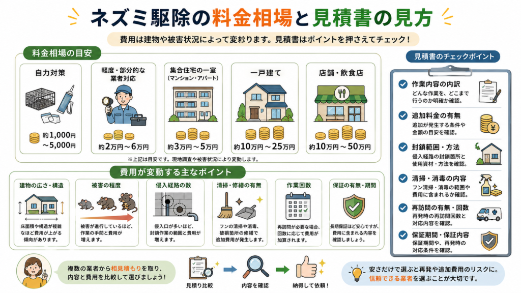alt="自力対策から戸建て・店舗までのネズミ駆除料金相場と見積書で確認する項目"