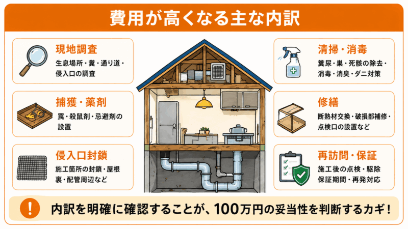 ネズミ駆除費用が高くなる現地調査、捕獲・薬剤、侵入口封鎖、清掃消毒、修繕、再訪問・保証の内訳