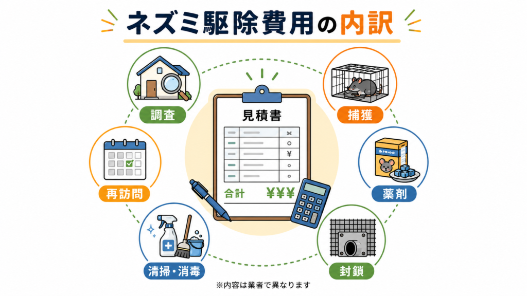 ネズミ駆除の見積書で総額・追加料金・施工箇所・使用材料・訪問回数・保証を確認する図