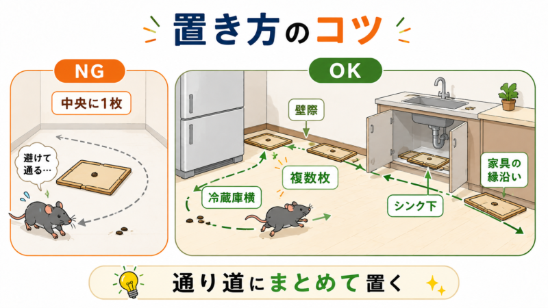 ネズミ駆除用の粘着シートを部屋中央に1枚置くNG例と、壁際・冷蔵庫横・シンク下・家具沿いなどの通り道へ複数枚設置する正しい置き方を比較した図解。
