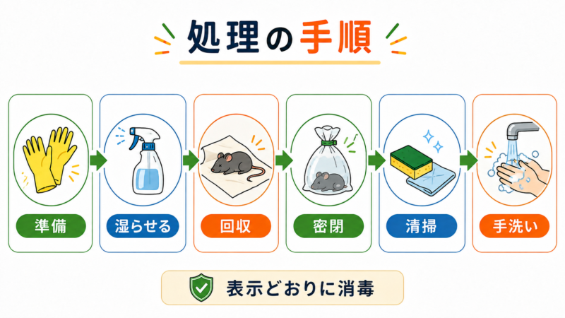 ネズミの死骸を準備、湿らせる、回収、密閉、清掃、手洗いの順で安全に処理する手順を示した図