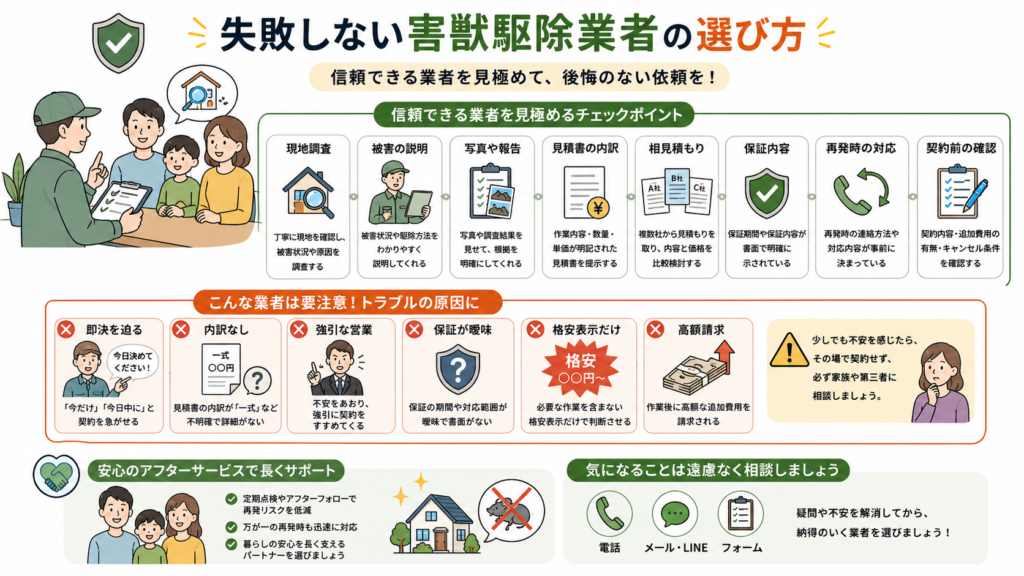 alt="現地調査や見積書、保証内容から信頼できるネズミ駆除業者を選ぶためのチェックポイント"
