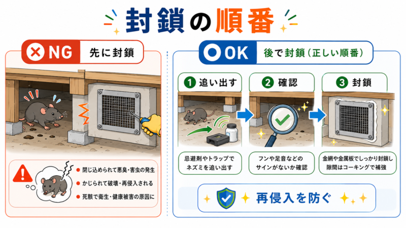 床下のネズミを先に封鎖するNG例と、追い出し・確認・侵入口封鎖の正しい順番を比較した図