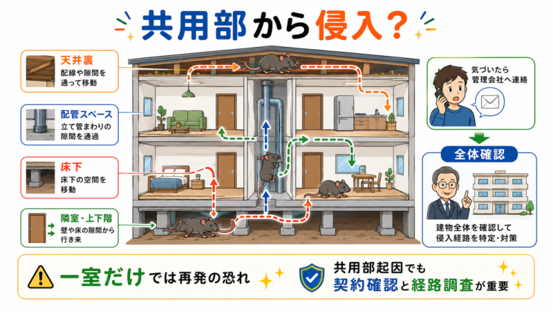 賃貸住宅でネズミが天井裏・配管スペース・床下・隣室や上下階を移動する侵入経路を示した図解。共用部が原因の場合は建物全体の確認が必要になる。