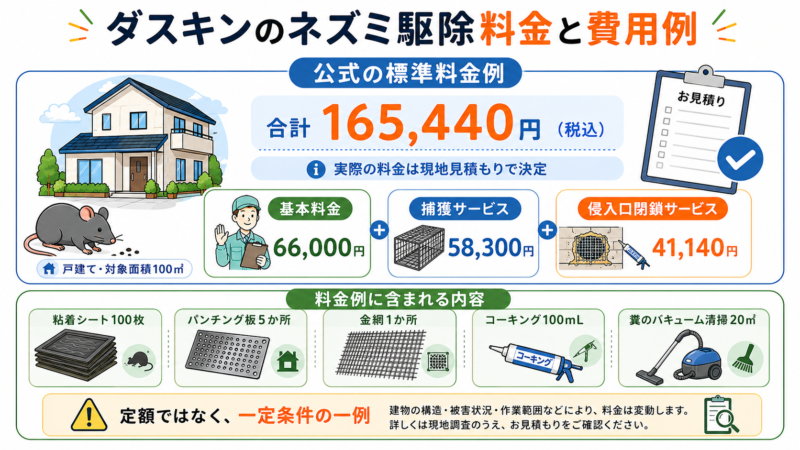 ダスキンのネズミ駆除料金例165,440円と基本料金・捕獲・侵入口閉鎖の内訳
