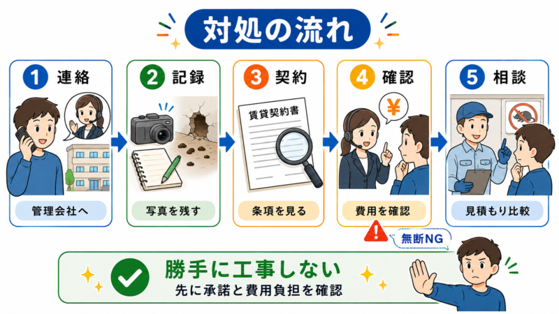 賃貸でネズミ被害が出たときの対処手順をまとめた図解。管理会社へ連絡し、写真記録、契約確認、費用確認、業者相談を進める流れが分かる。