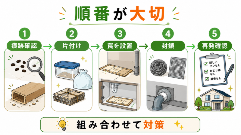 100均グッズを使ったネズミ対策の手順を5ステップで示した図解。痕跡確認、片付け、罠の設置、侵入口の封鎖、再発確認の順番をイラスト付きで説明している。