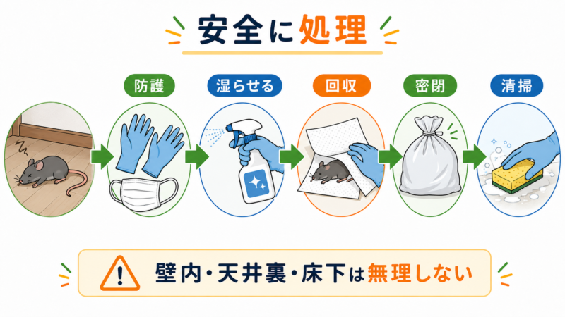ネズミの死骸を手袋で防護し、消毒剤で湿らせて回収・密閉・清掃する安全な処理方法を示した図