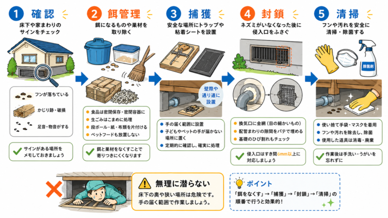 床下のネズミ駆除を自分で行う際の確認、餌管理、捕獲、侵入口封鎖、清掃の手順を示した図