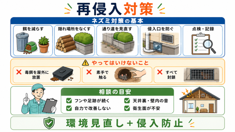 餌や隠れ場所を減らし、通り道や侵入口を点検する方法と、毒餌の放置や素手で触る行為を避ける再侵入対策の図