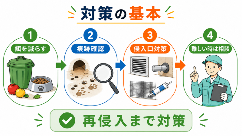 餌を減らす、ネズミの痕跡を確認する、住宅の侵入口を防ぐ、難しい場合は業者へ相談する4つの基本対策