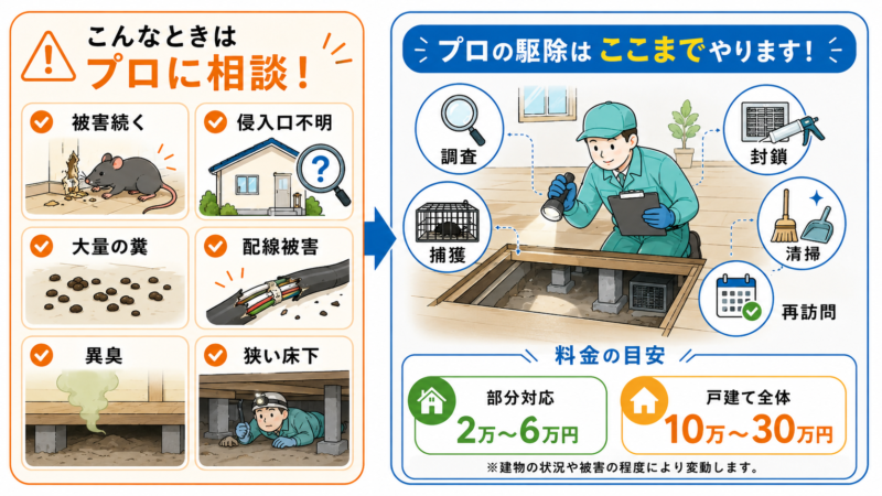 床下のネズミ駆除を業者に相談する目安と、調査・捕獲・封鎖・清掃・再訪問、費用目安を示した図