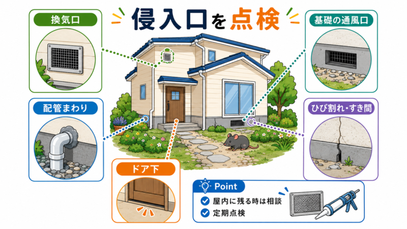 住宅周辺でネズミが侵入しやすい換気口、配管まわり、基礎の通風口、ドア下、ひび割れや隙間の点検箇所を示した図