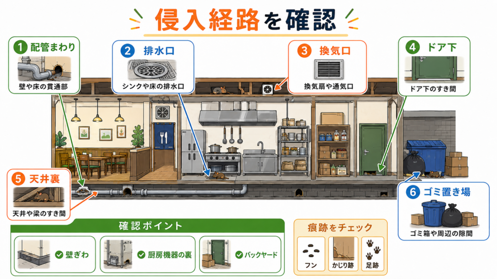 飲食店のネズミ侵入経路として配管まわり・排水口・換気口・ドア下・天井裏・ゴミ置き場を示した図
