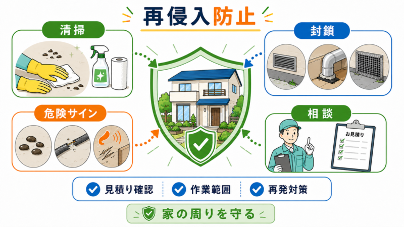 ネズミのフンや配線被害などの危険サイン、侵入口の封鎖、清掃、専門業者への相談による再侵入防止対策を示した図
