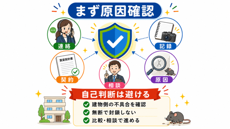 賃貸のネズミ駆除費用は誰が負担するかを示した図解。管理会社への連絡、記録、契約確認、原因調査、相談の流れをイラストで整理している。