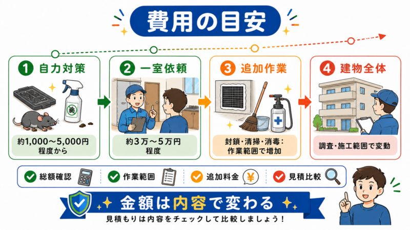 賃貸のネズミ駆除費用の目安を、自力対策約1,000～5,000円、一室の業者依頼約3万～5万円、追加作業、建物全体の対策に分けて示した比較図。