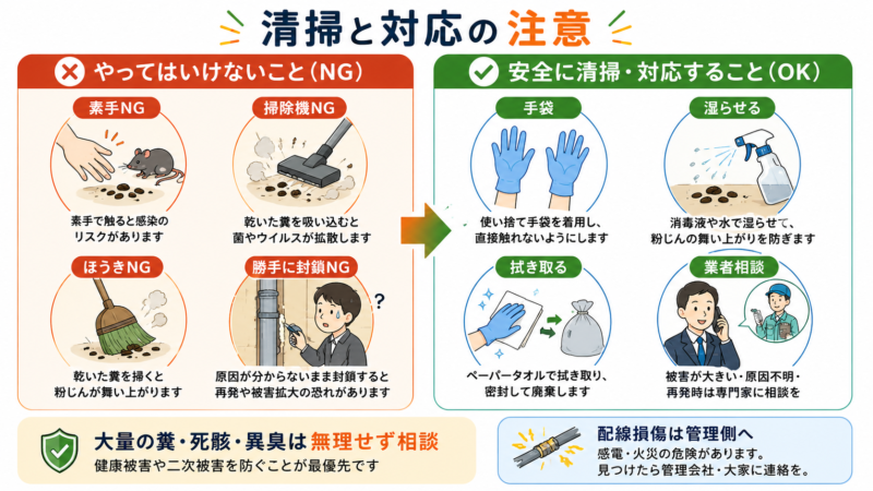 マンションのネズミ被害で避けたい清掃方法と糞を安全に処理する正しい対応を比較した図