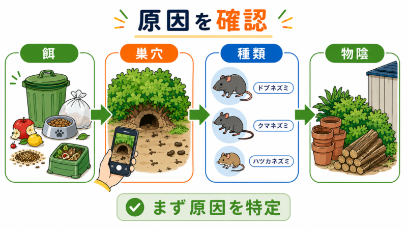 生ごみやペットフードなどの餌、巣穴、ドブネズミ・クマネズミ・ハツカネズミ、植木鉢や木材などの隠れ場所を示した図