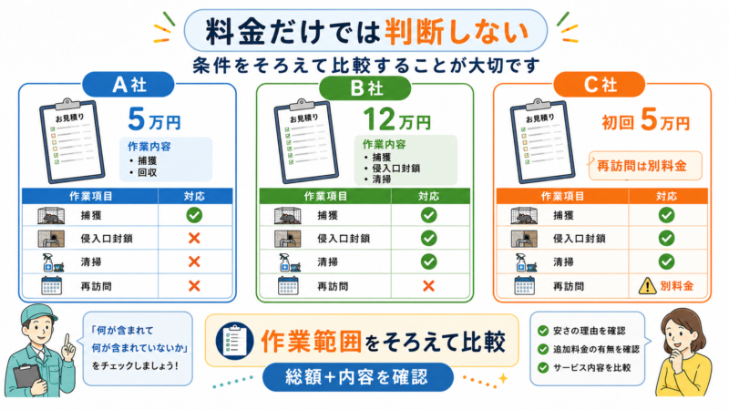 ネズミ駆除3社の料金と捕獲・侵入口封鎖・清掃・再訪問の作業範囲を比較した図