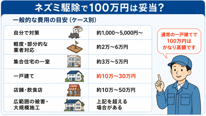 ネズミ駆除の費用目安を自力対策、部分対応、一戸建て、店舗などケース別に比較した図