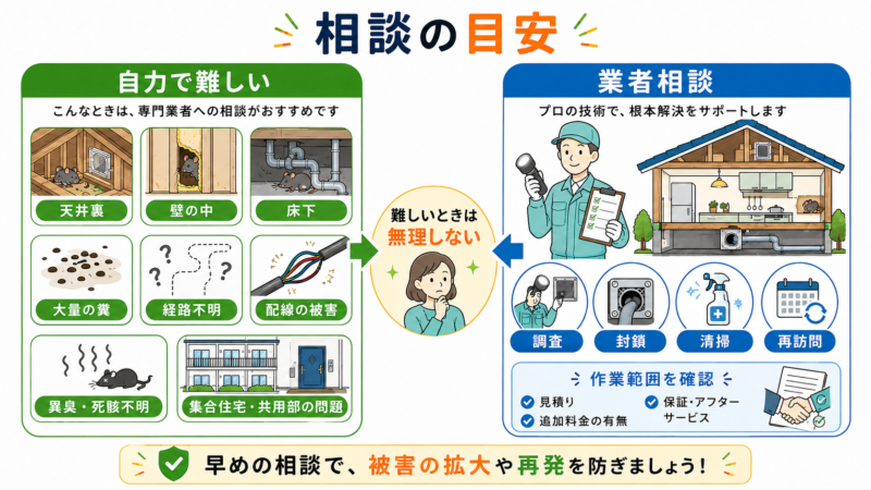 天井裏や床下、大量の糞、侵入経路不明など自力でのネズミ対策が難しいケースと業者へ相談する目安を示した図